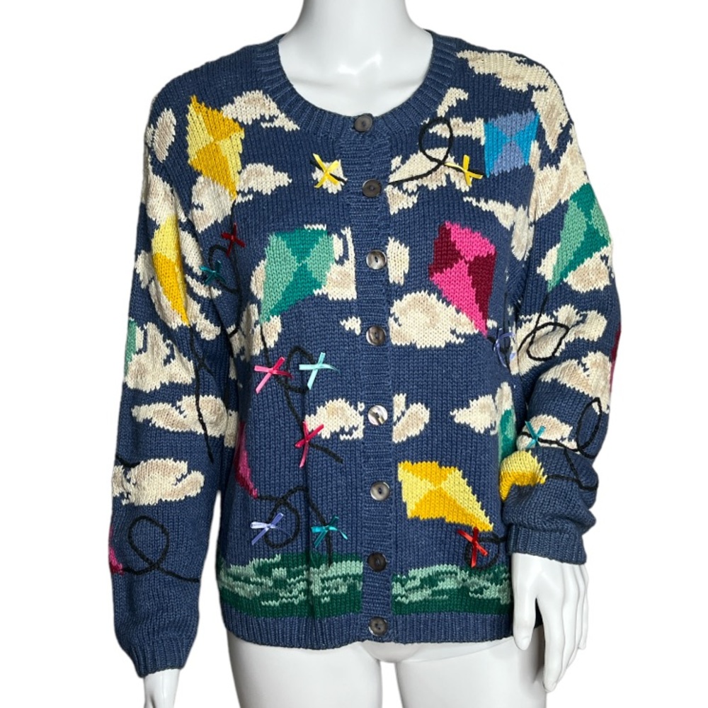 Talbots Navy Blue Kite Pattern Cardigan with Multicolor Accents